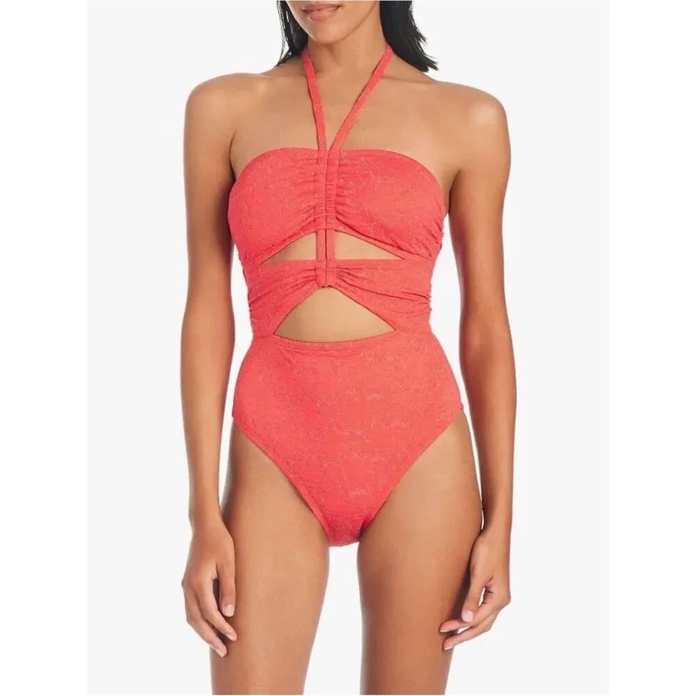 Jessica Simpson Women's Ruched Front Halter One-Piece Swimsuit, Coral, NWT